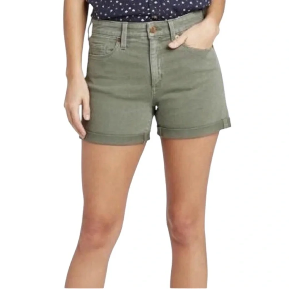 UNIVERSAL THREAD High Rise Midi Olive Green Cuff Stretch Jean Shorts SZ 25 EUC